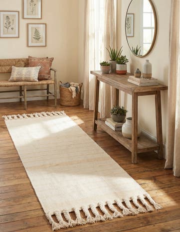 Beige and White Hand Woven Chindi Cotton Runner Rug