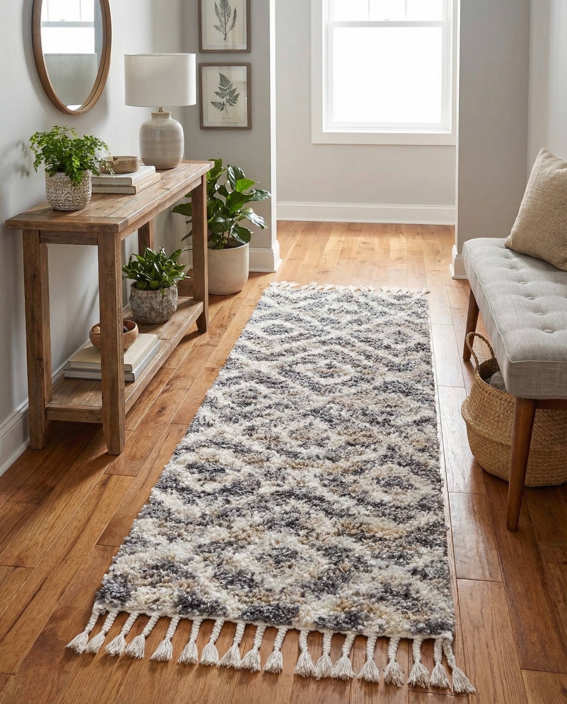 A gray and ivory Athena Shag runner rug with a modern geometric diamond pattern and tassels, ideal for a hallway.
