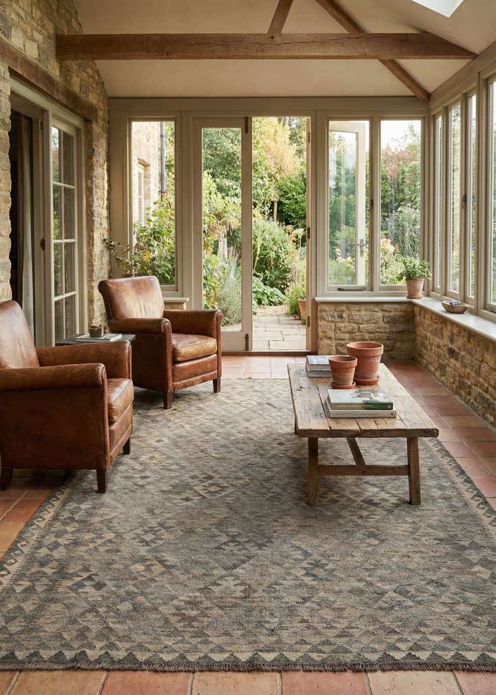 6' 8 x 9' 8 Hand Woven Kilim Maymana Wool Rug