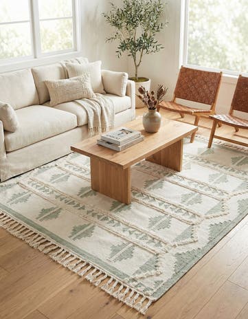 Aquamarine and White Hand Woven Arizona Wool Square Rug