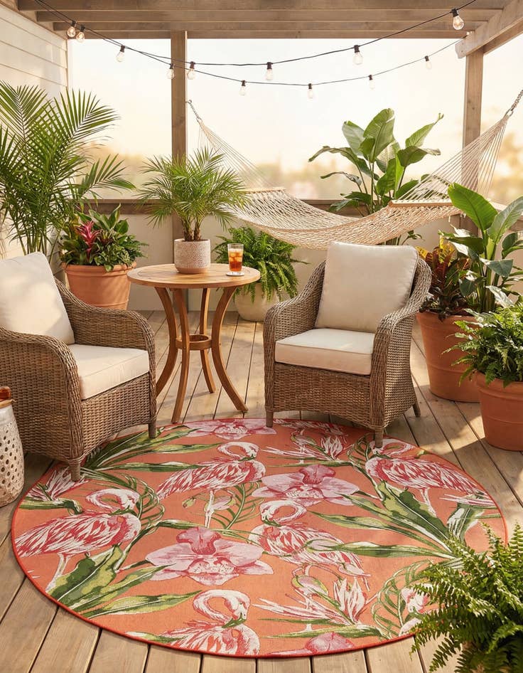 Detail image of 7' 10 x 7' 10  Washable Botanical Indoor / Outdoor Round Rug