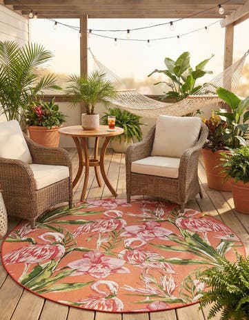 Coral Easy-Clean Botanical Indoor / Outdoor Round Rug