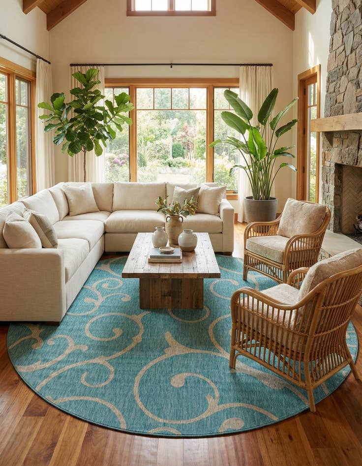 Detail image of  13' x 13'  Washable Botanical Indoor / Outdoor Round Rug