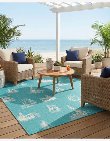 Teal Easy-Clean Coastal Indoor / Outdoor Square Rug