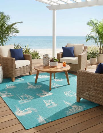 Teal Easy-Clean Coastal Indoor / Outdoor Square Rug
