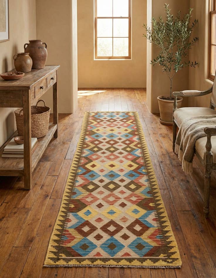 Detail image of 2' 6 x 9' 6  Hand Woven Kilim Maymana Wool Runner Rug