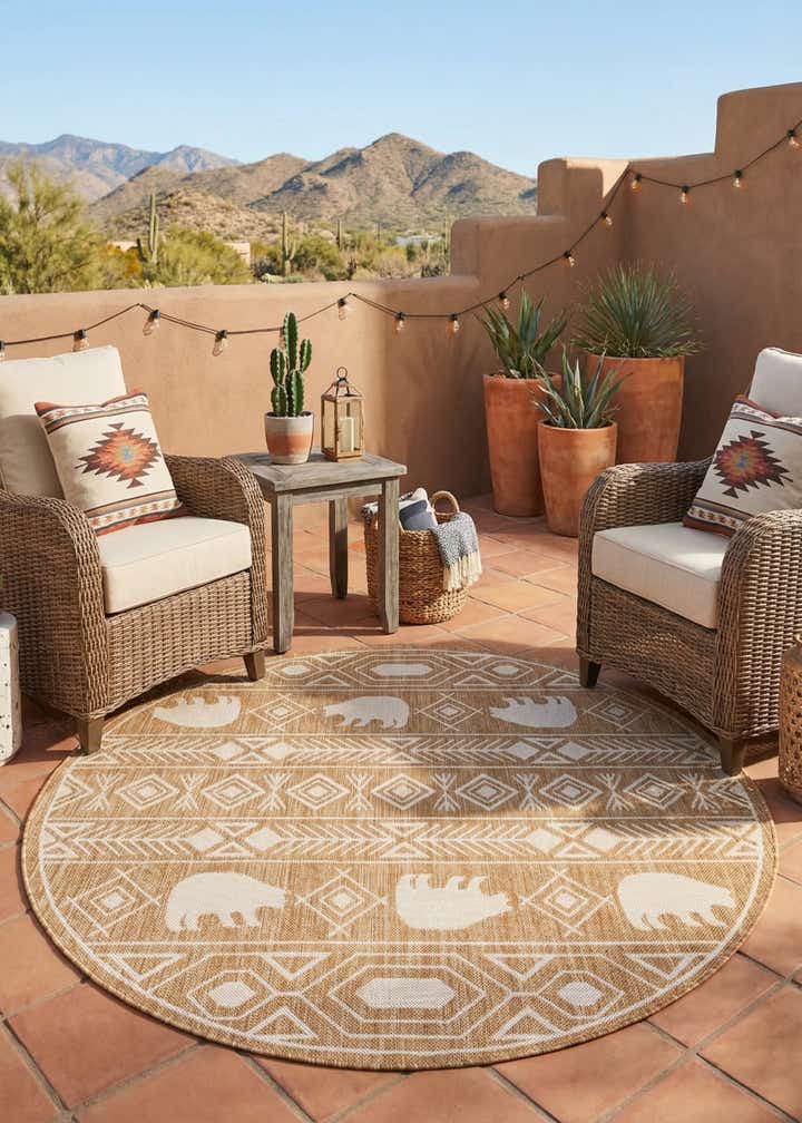 5' 3 x 5' 3 Easy-Clean Southwestern Indoor / Outdoor Round Rug