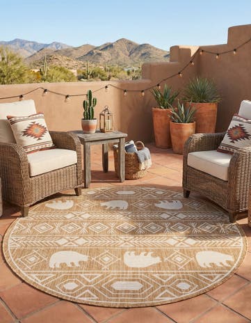 Taupe Easy-Clean Southwestern Indoor / Outdoor Round Rug