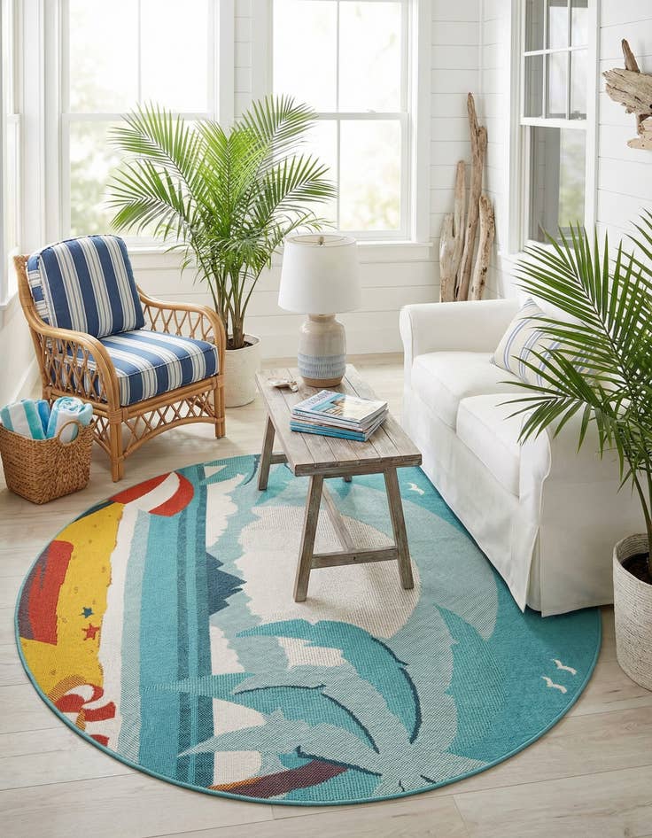 Detail image of 6' x 6'  Washable Coastal Indoor / Outdoor Round Rug