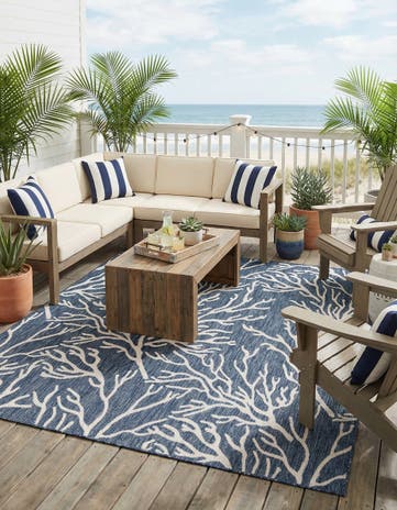 Blue Easy-Clean Coastal Indoor / Outdoor Square Rug