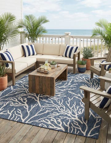Blue Easy-Clean Coastal Indoor / Outdoor Square Rug