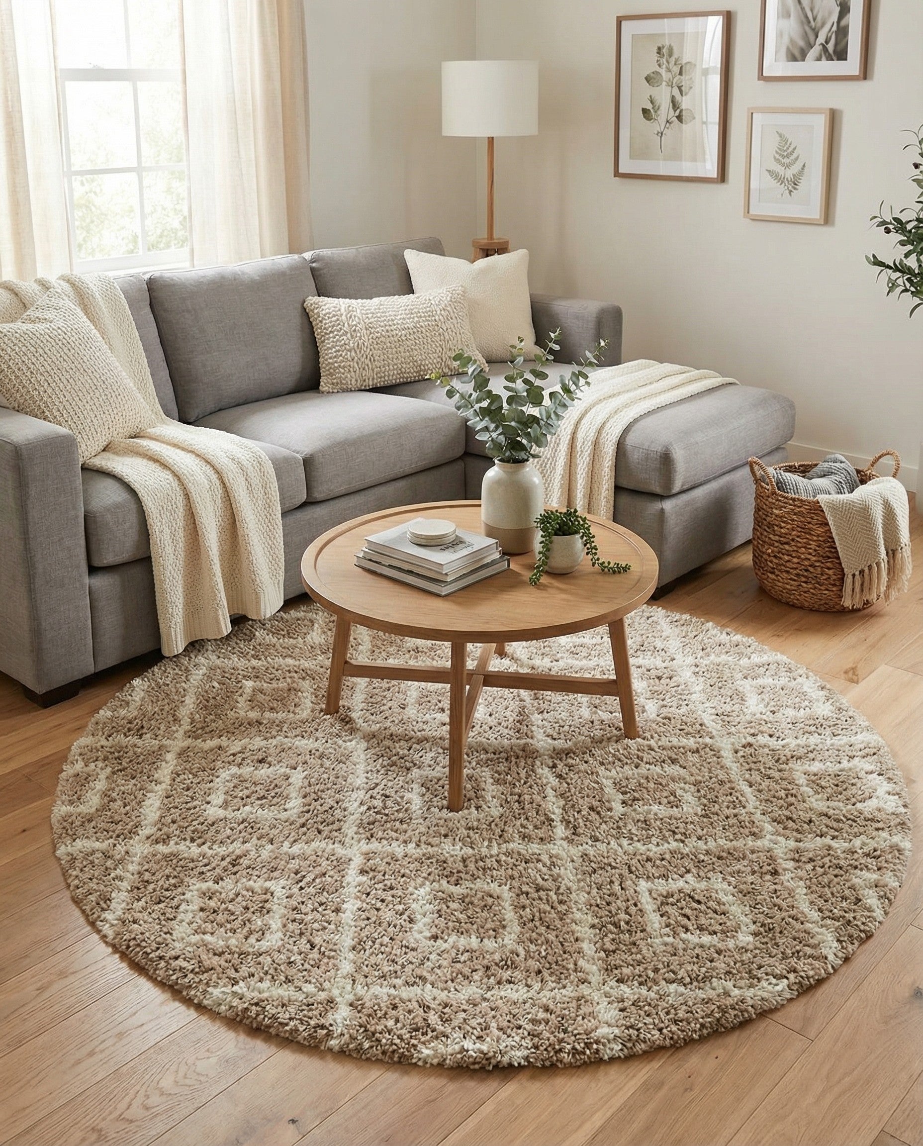 A 6' round brown and tan modern trellis shag rug with a textured high-low pile.