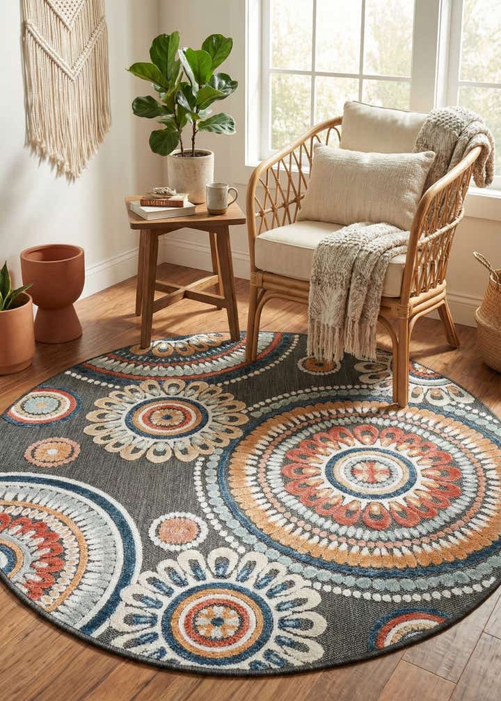 4' 5 x 4' 5 Easy-Clean Botanical Indoor / Outdoor Round Rug