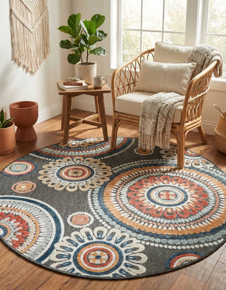 Detail image of  4' 5 x 4' 5  Washable Botanical Indoor / Outdoor Round Rug