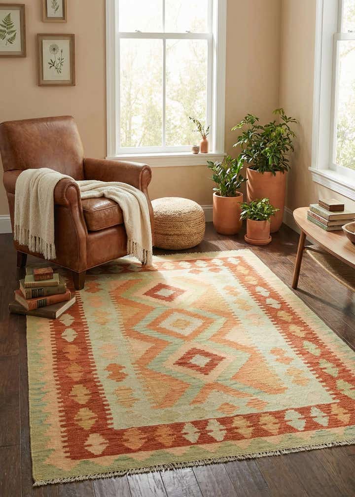 3' 4 x 5' 2 Hand Woven Kilim Waziri Wool Rug