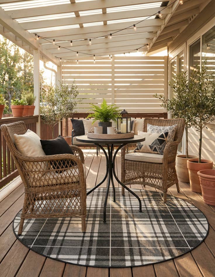 Detail image of 7' 10 x 7' 10  Washable Checkered Indoor / Outdoor Round Rug