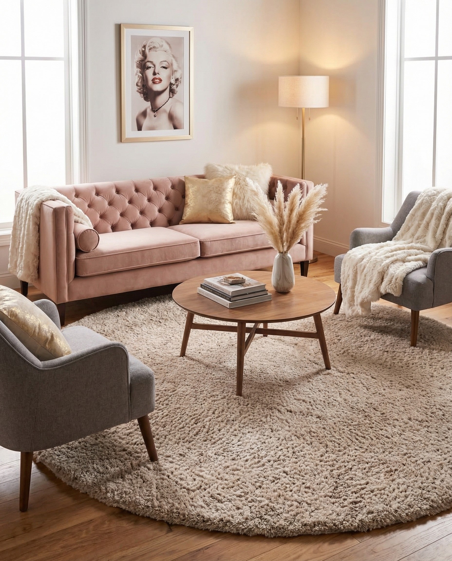 A soft, plush 5' 3 round shag rug in a blend of brown, tan, and ivory, perfect for adding cozy comfort to any indoor space.