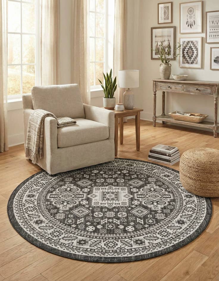 Detail image of 6' x 6'  Washable Aztec Indoor / Outdoor Round Rug