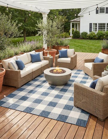 Blue Easy-Clean Checkered Indoor / Outdoor Rug