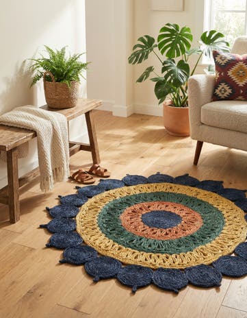 Navy Blue Yellow Green Handmade Braided Jute Round Rug