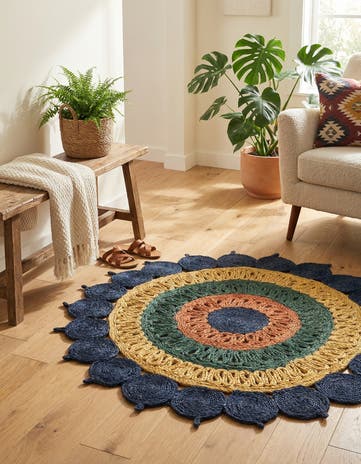 Navy Blue Yellow Green Handmade Braided Jute Round Rug
