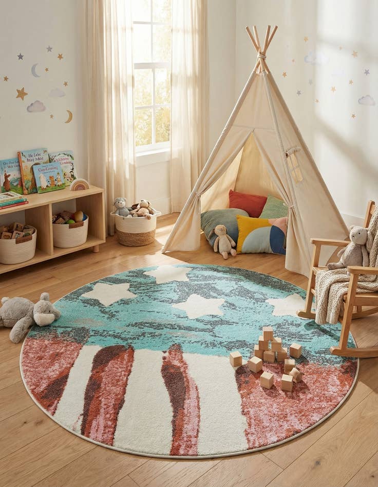 Detail image of 5' 1 x 5' 1 American Flag Whimsy Kids Round Rug