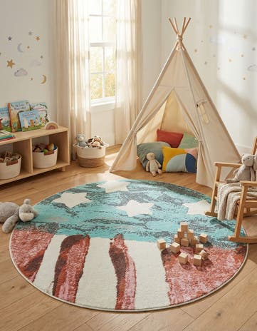 5' 1 x 5' 1 American Flag Whimsy Kids Round Rug
