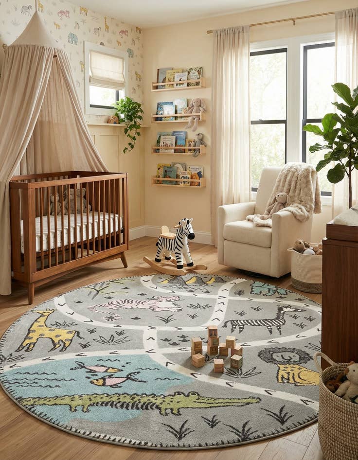 Detail image of 7' 10 x 7' 10 Animals Whimsy Kids Round Rug