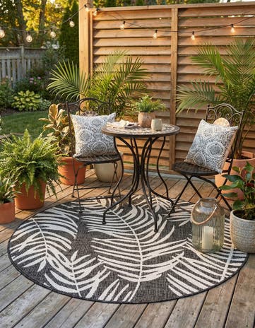 Charcoal Easy-Clean Botanical Indoor / Outdoor Round Rug