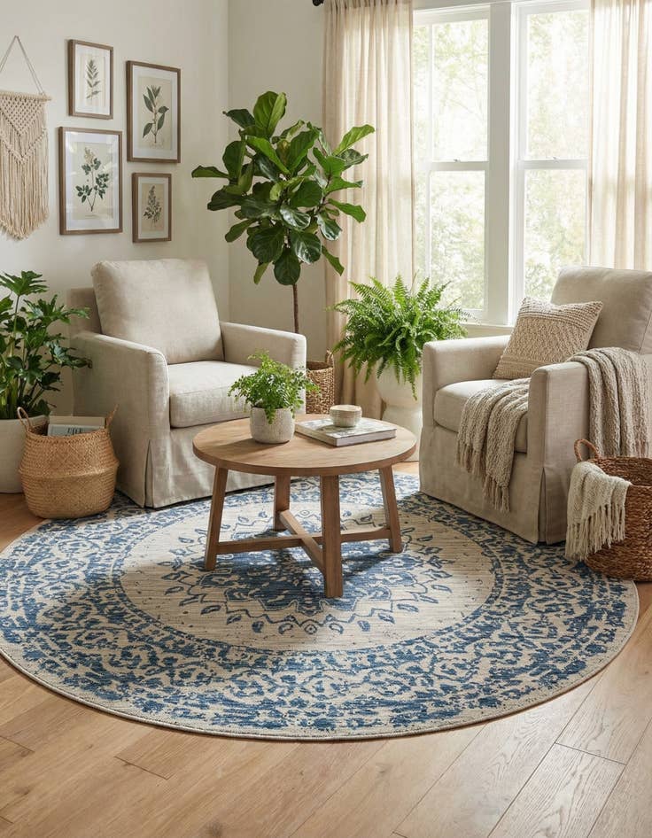 Detail image of 7' 10 x 7' 10  Washable Traditional Indoor / Outdoor Round Rug