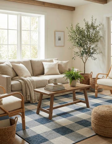 Blue Easy-Clean Checkered Indoor / Outdoor Square Rug