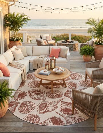 Ivory Rust Red Easy-Clean Coastal Indoor / Outdoor Round Rug
