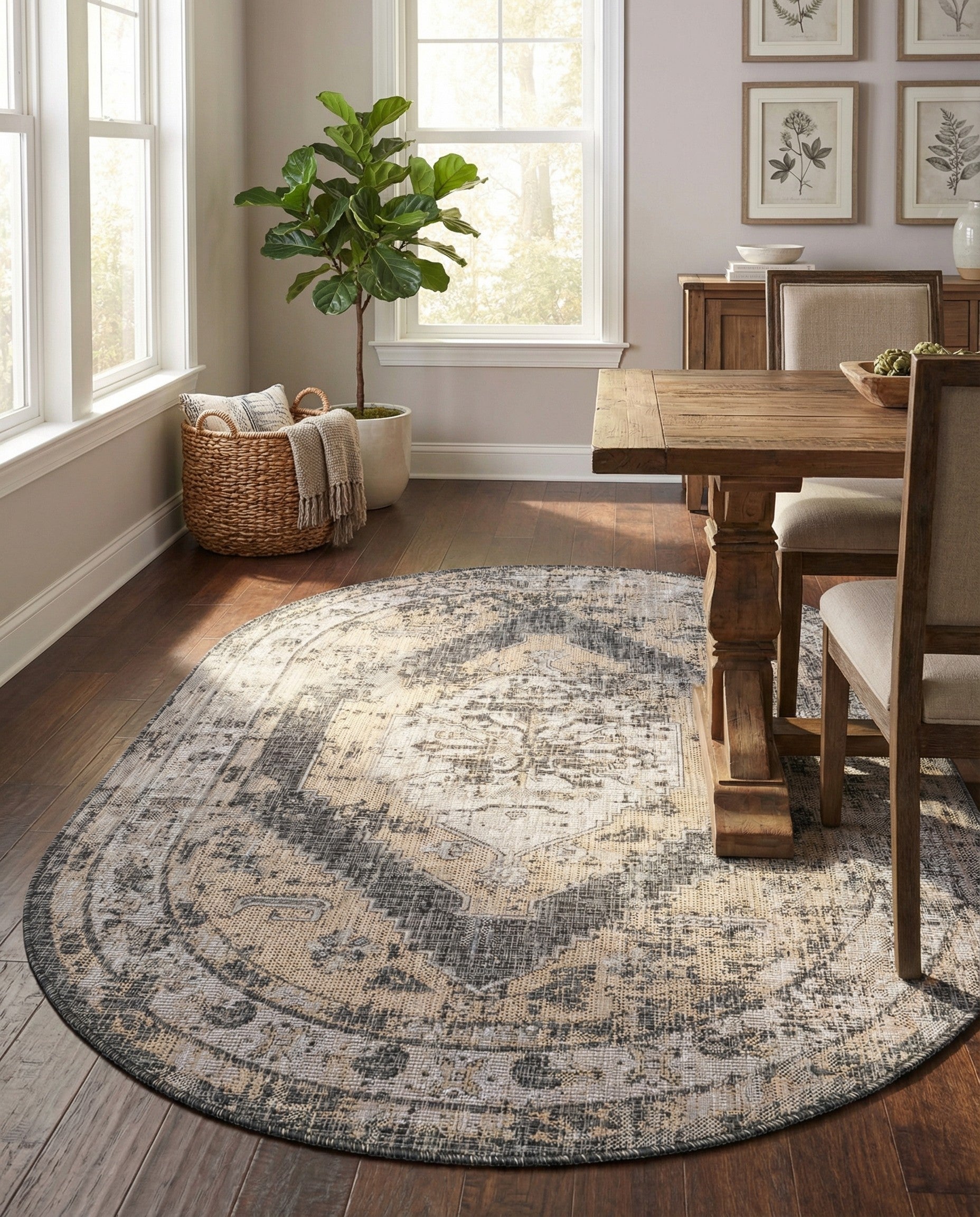 5' 3 x 8' Easy-Clean Traditional Indoor / Outdoor Oval Rug