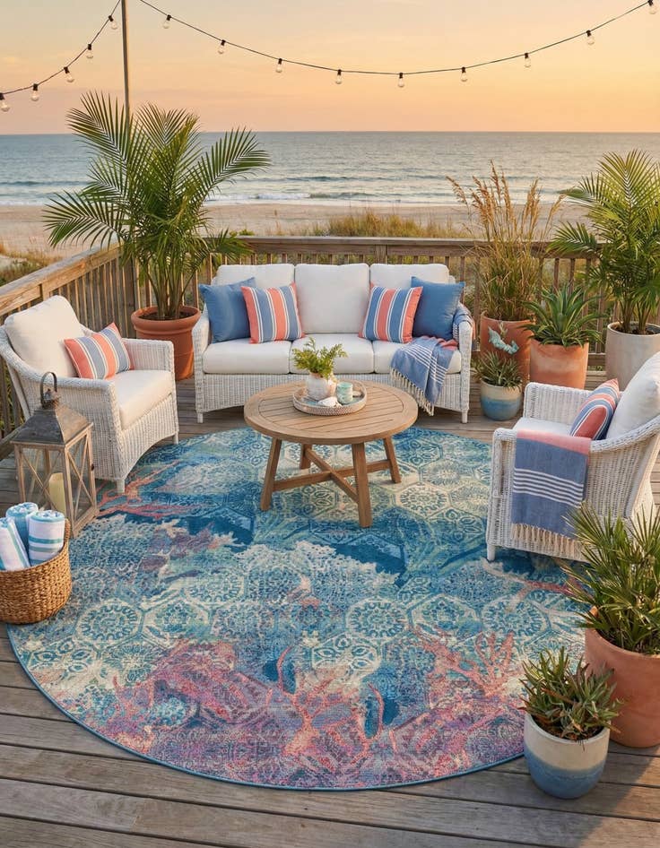 Detail image of 12' x 12'  Washable Coastal Indoor / Outdoor Round Rug