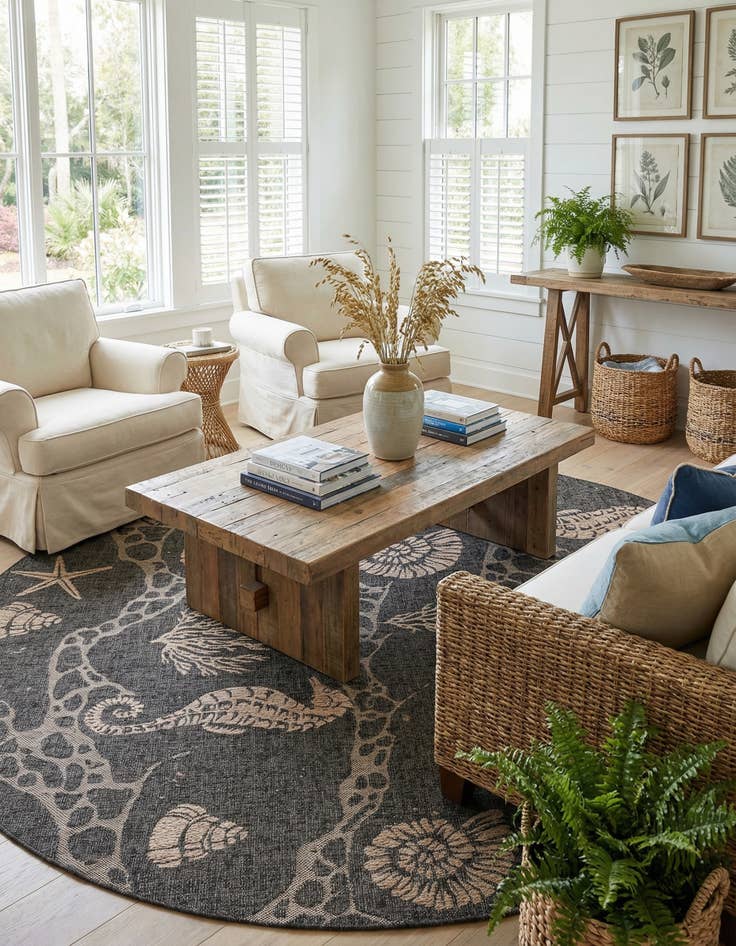 Detail image of 10' x 10'  Washable Coastal Indoor / Outdoor Round Rug