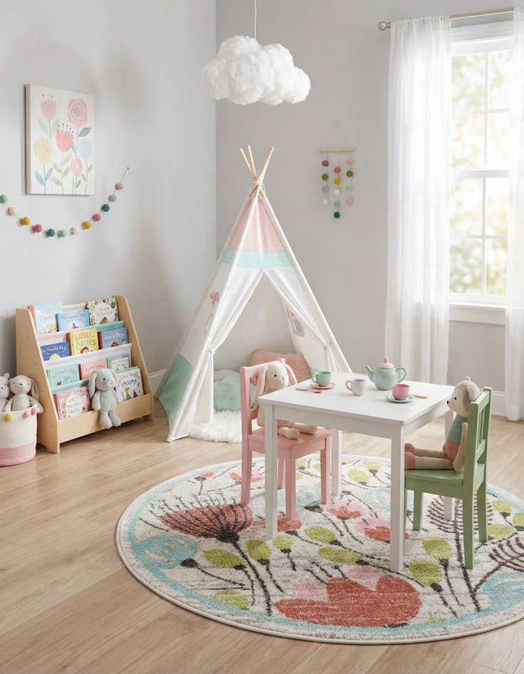 Detail image of 3' 3 x 3' 3 Flowers Whimsy Kids Round Rug