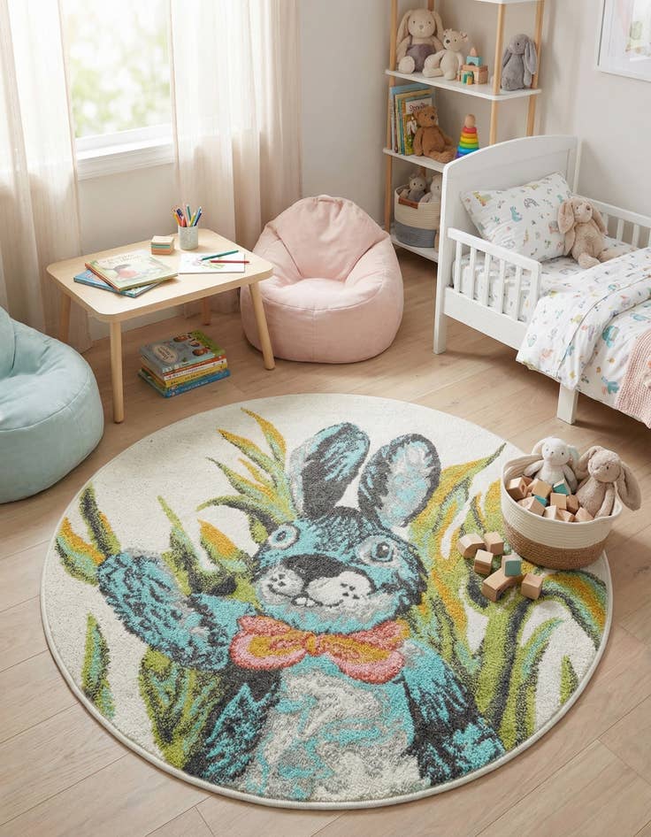 Detail image of 3' 3 x 3' 3 Rabbit Whimsy Kids Round Rug
