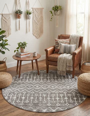 Stone Gray Bohemian Trellis Round Rug