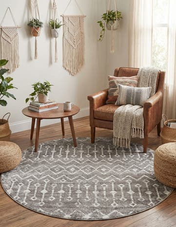 Stone Gray Bohemian Trellis Round Rug