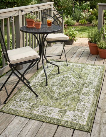 Green Easy-Clean Traditional Indoor / Outdoor Rug