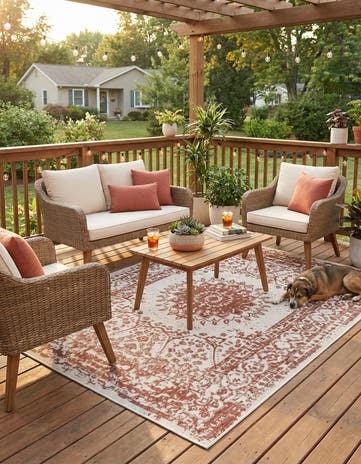 Rust Red Easy-Clean Traditional Indoor / Outdoor Rug