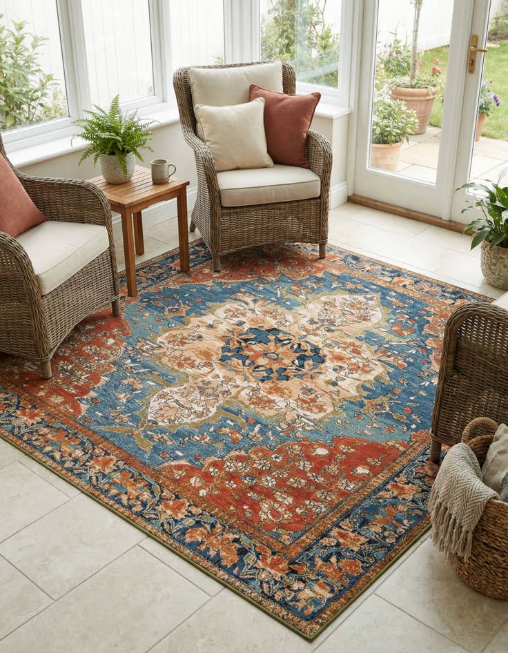 Detail image of 7' 10 x 7' 10  Washable Traditional Indoor / Outdoor Square Rug
