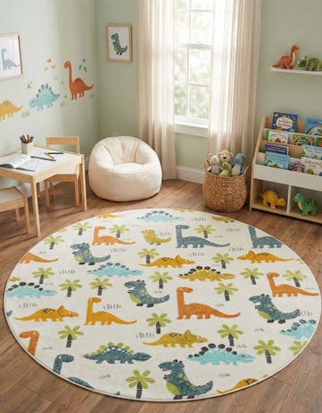 7' 10 x 7' 10 Dinosaur Whimsy Kids Round Rug
