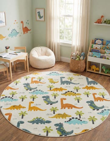 7' 10 x 7' 10 Dinosaur Whimsy Kids Round Rug