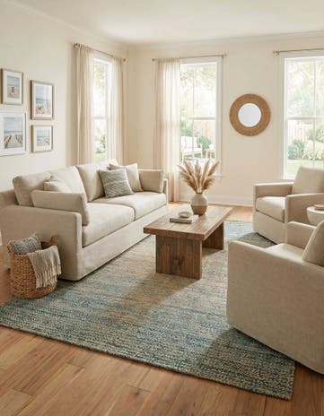 Ivory and Blue Hand Woven Chenille Jute Rug