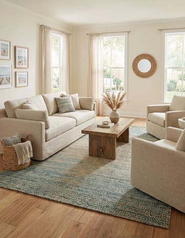 Ivory and Blue Hand Woven Chenille Jute Rug