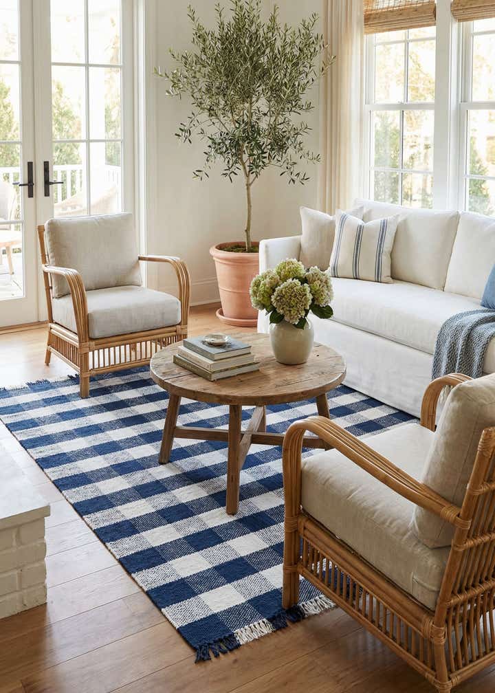 7' 10 x 7' 10 Easy-Clean Eco Plaid Washable Indoor / Outdoor Square Rug