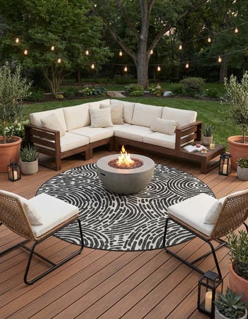 Black and White Easy-Clean Modern Indoor / Outdoor Round Rug