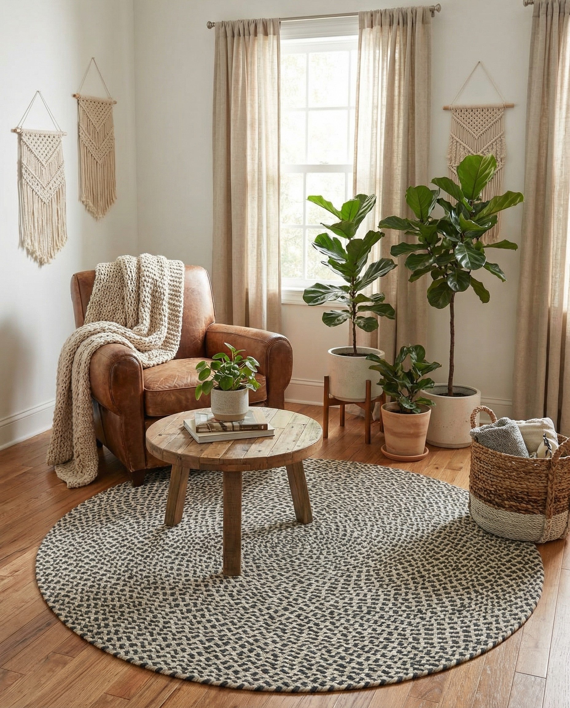  4' 1 x 4' 1  Hand Tweed Braided Jute Round Rug