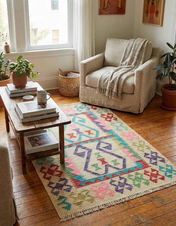 Detail image of  3' 2 x 4' 9  Hand Woven Kilim Maymana Wool Rug